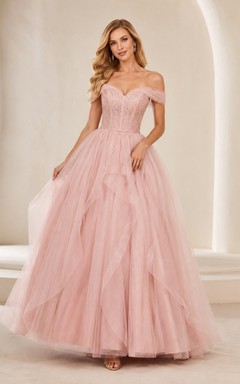 Blush Tulle Off-the-shoulder Pleated Ball Gown Prom Formal Evening Dress