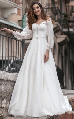 Vintage Meerjungfrauen-Chiffon-Brautkleid mit schulterfreiem Ausschnitt und Schleppe
