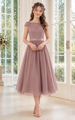 Vintage mauvefarbenes, kurzes Chiffon-Brautjungfernkleid mit Spitze, Strasssteinen und kurzen Ärmeln in A-Linie und Teelänge