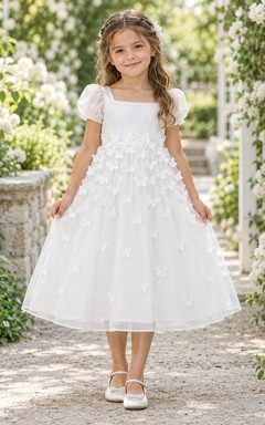 Weißes Organza-Blumenmädchenkleid mit eckigem Ausschnitt, wadenlang, Schmetterlings-Puffärmeln