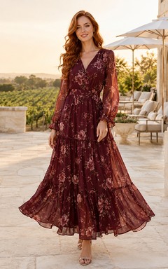Burgundy Winery Garden Wedding Guest Bridesmaid Cocktail Formal Dress A-Line Tea-Length V-Neck Long Sleeve Chiffon Floral Print Ruffle Trim Tiered Skirt Zipper Back