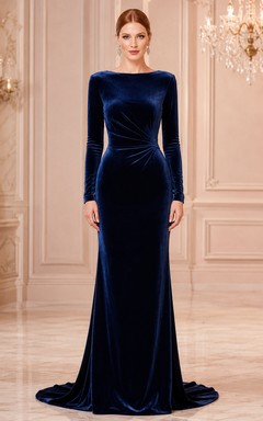 Robe de soirée sirène à manches longues en velours bleu marine foncé, style bateau, en velours bleu marine foncé