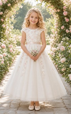 Blumenmädchenkleid Champagner Spitze Tüll A-Linie Rundhalsausschnitt Teelänge