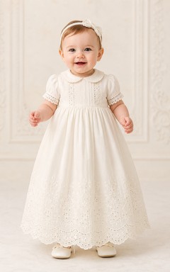 Vestido de bautizo para bebé, estilo modesto, corte en A, manga corta, de algodón y encaje, largo hasta la rodilla, con lazo en la faja, color marfil.