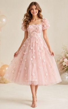 Vestido de fiesta de cumpleaños largo hasta la rodilla de tul con estampado floral rosa