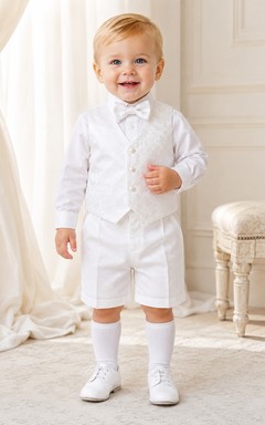 White Formal Vest Bow Tie Short Christening Suit Set for Baby Boy