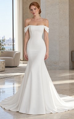 Simple Fit and Flare Off Shoulder Satin Train Wedding Dress