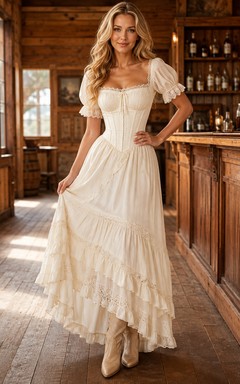 Vestido de estilo western vintage color marfil con escote cuadrado, mangas abullonadas y encaje escalonado de corte asimétrico.