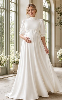 Robe de mariée moderne et pudique de maternité, col montant, manches bouffantes mi-longues, en satin, coupe empire, longueur au sol