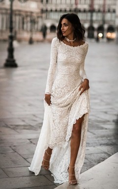 Long Sleeve Lace Boho Wedding Dress | Simple Ivory Bridal Gown