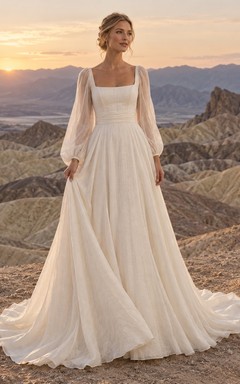 Vestido de novia sencillo de manga larga, cuello cuadrado, plisado, de lino y corte en A, largo hasta el suelo.