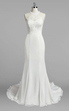 Jewel Neck Mermaid Chiffon Wedding Dress With Lace Bodice
