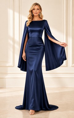 Evening Gown Dark Navy Satin Mermaid Bateau Neck Cape Sleeve Sweep Train