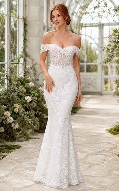 Romantisches Brautkleid mit Spitzenkorsett, schulterfreiem Herzausschnitt, Meerjungfrauen-Stil und bodenlang