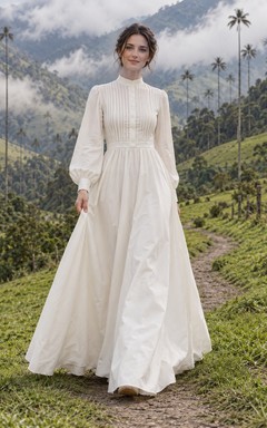Vestido de novia de popelina de algodón de manga larga y cuello alto con pliegues y falda en línea A.