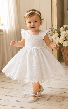 Square Neck Baptism Dress A-Line Tulle Lace Short Sleeve Scalloped Hem