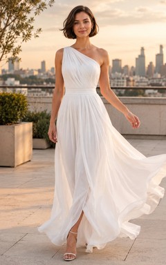 White Chiffon One-Shoulder Sleeveless A-Line Floor-length Flowing Dress