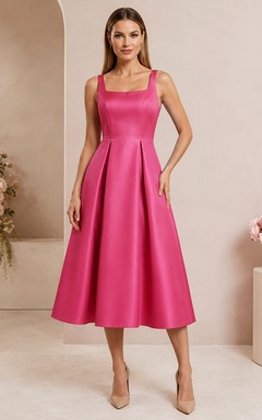 Vestido de cóctel rosa de satén con escote cuadrado, sin mangas, corte en A y largo hasta la rodilla