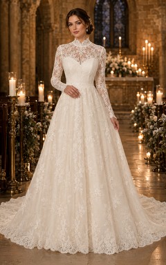 Elegantes, hochgeschlossenes A-Linien-Hochzeitskleid mit Spitzenärmeln für den Winter