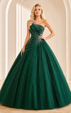 Robe de bal de princesse vert foncé à une épaule, ornée de cristaux et de paillettes, pour les 16 ans.