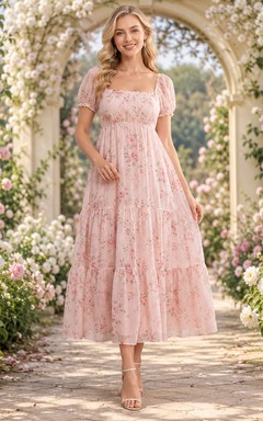 Pink Floral Chiffon Square Neck Puff Sleeve Tiered Tea-length A-Line Guest Dress