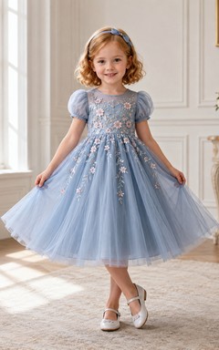 Flower Girl Dress Steel Blue Lace Tulle A-Line Jewel Neck Tea Length