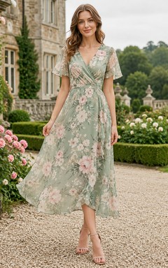 Robe d'invitée de thé en mousseline imprimée florale, col V, manches papillon, coupe trapèze, couleur sauge