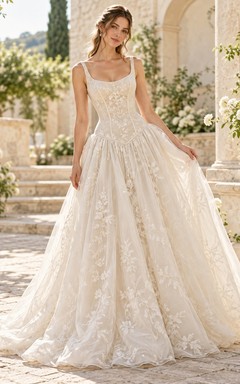Drop Waist Scoop Neck Floral Lace Full A-line Wedding Dress