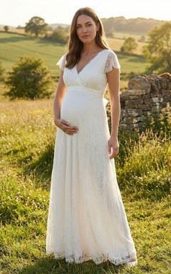 Umstandsbrautkleid mit Spitzenärmeln, V-Ausschnitt und bodenlangem Rock