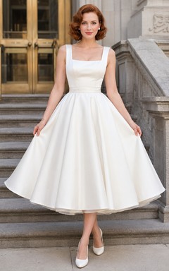 Square Neck Satin Tea Length Retro City Hall Bridal Dress