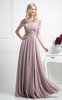 A-Line Scoop-Neck Short Sleeve Chiffon Illusion Dress With Beading And Pleats