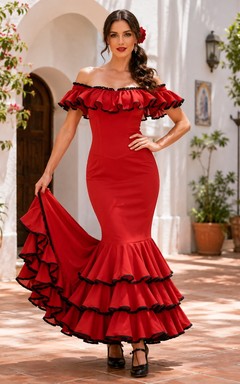 Robe de soirée rouge moulante à épaules dénudées et volants, style flamenco asymétrique.