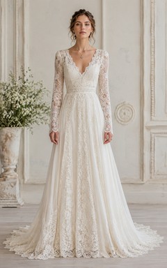 Vintage V-neck Long Sleeve Lace A-Line Wedding Dress