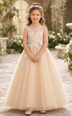 Robe de demoiselle d'honneur en dentelle champagne et tulle, robe de bal, col rond, longueur au sol