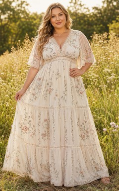 Plus-Size Cream Floral Chiffon V-Neck Flutter-Sleeve Tiered Floor-Length Boho Dress