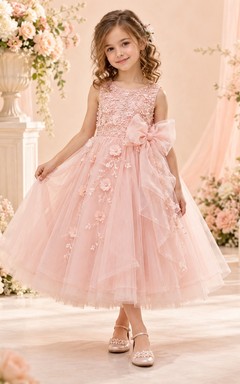 Blushing Pink Floral Beaded Bow Tiered Tea-length Flower Girl Dress