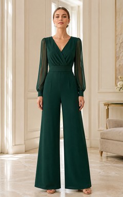 Dunkelgrüner Jumpsuit mit V-Ausschnitt, langen Illusionsärmeln und weitem Bein