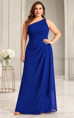 Plus Size Royal Blue One-Shoulder Ruched Chiffon A-Line Floor-Length Evening Dress