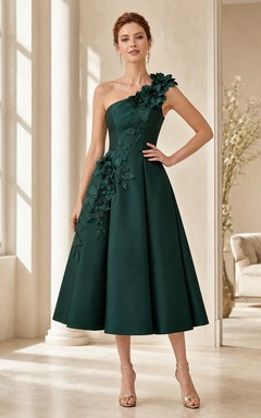 Dark Green One-Shoulder 3D Floral Applique Dress