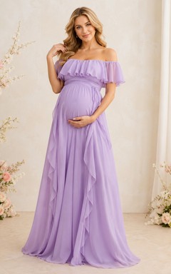 Vestido de gasa de corte A largo hasta el suelo con hombros descubiertos y volantes, color lavanda, para baby shower.