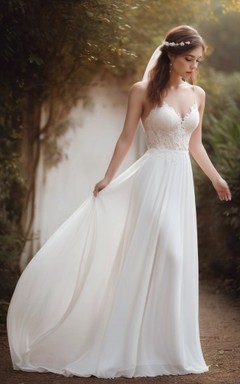 Robe de mariée champêtre à bretelles spaghetti en mousseline de soie avec haut en dentelle