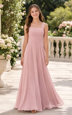 Vestido de dama de honor juvenil rosa perla, corte en A, sin mangas.