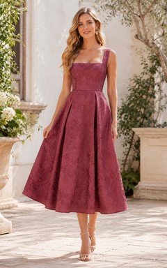 Dusty Rose Square Strap Jacquard A-Line Tea Wedding Guest Dress