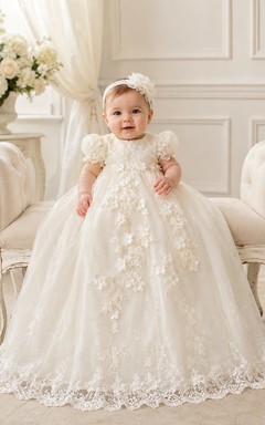 Floral Applique Christening Gown A-Line Tulle Lace Short Sleeve Floor-Length
