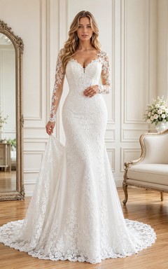 Vestido de novia de sirena de encaje con mangas largas, listo para exhibición