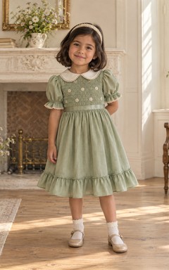 Vestido de niña de flores vintage color verde salvia, corte en A, mangas abullonadas, corpiño floral, bajo con volantes y cuello Peter Pan, hasta la rodilla.