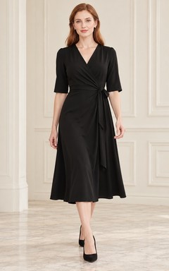 Schlichtes schwarzes Midikleid mit V-Ausschnitt, Wickeloptik, halben Ärmeln und Bindegürtel
