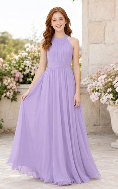 Lavendelfarbenes Brautjungfernkleid für junge Damen, A-Linie, hoher Kragen, ärmellos, Chiffon, plissiert, dezent