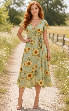Sage Sunflower Print V-Neck Wrap Garden Midi Dress