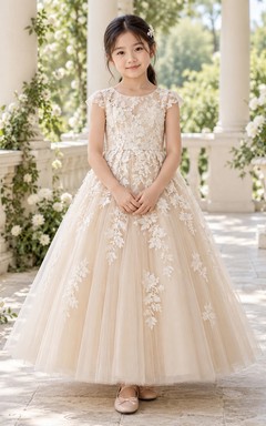 Champagne Floral A-line Tulle Cap-sleeve Ankle-length Appliqued Full-skirted Flower Girl Dress